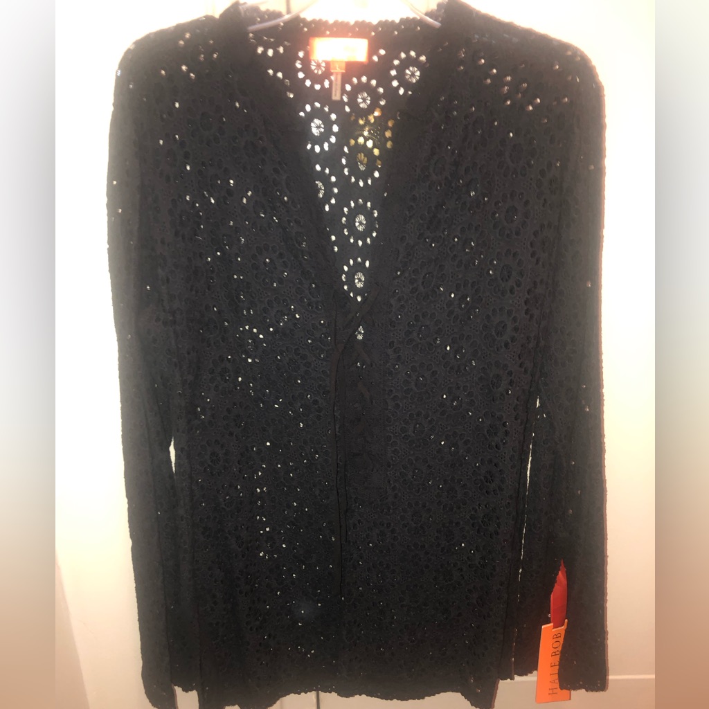Nwt Hale Bob Cabana Black 100% Cotton Crocheted Long Sleeve Dress/ Cover Up- L